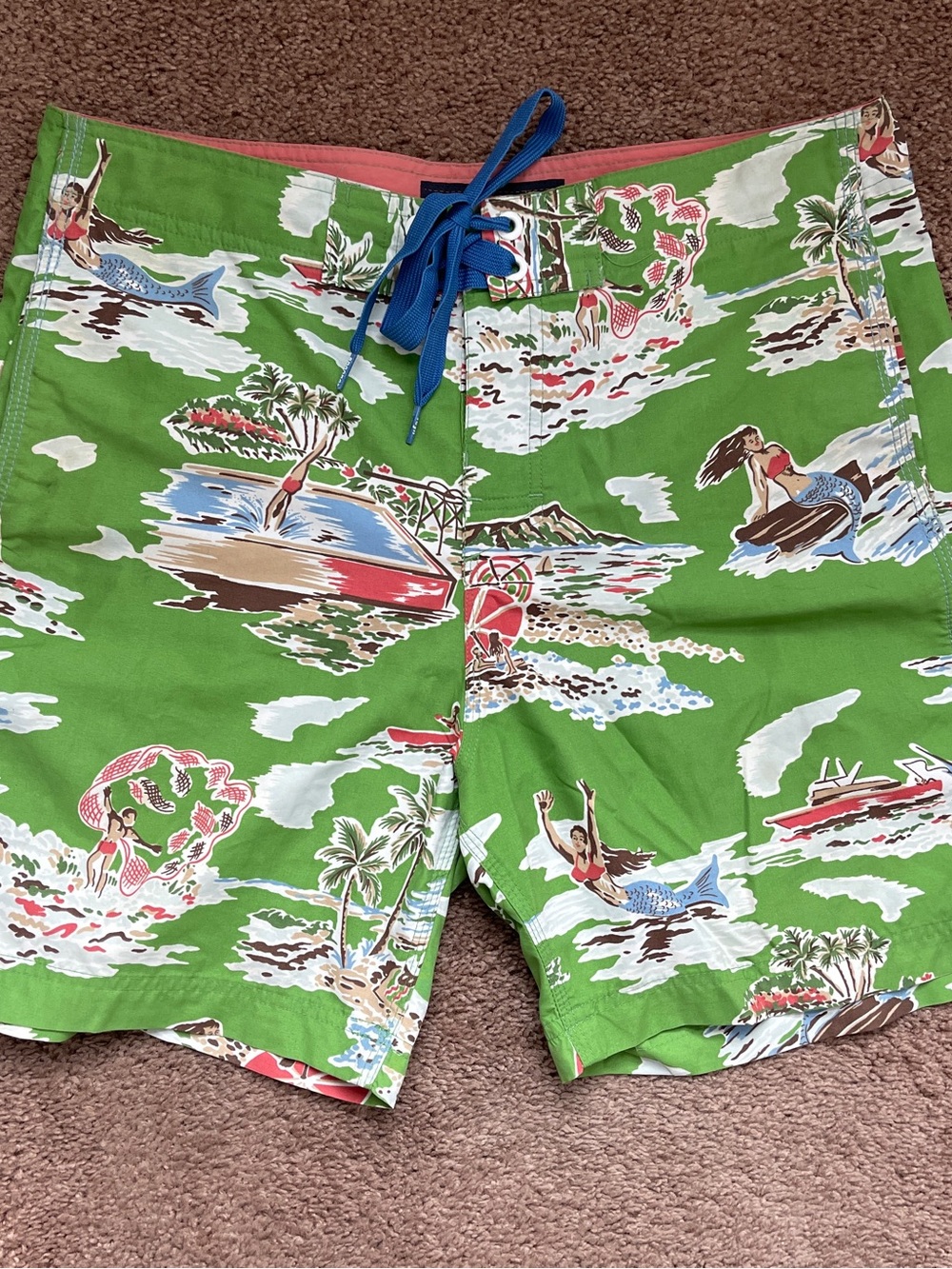 reyn spooner Green Tropical Island Print Swim Shorts with a Blue Drawstring